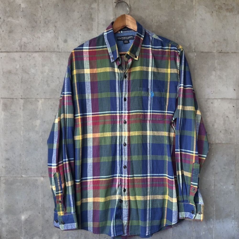 U.S. Polo Assn. Plaid Button Down Shirt L Multicolor Stretch Cotton 90’sAsthetic